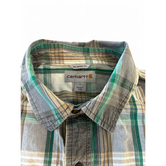 Carhartt Men's Relaxed Fit Short Sleeve Button Down Green Plaid Size Large - Picture 4 of 9